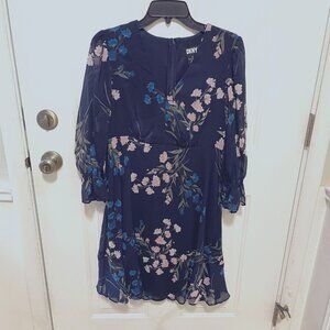 DKNY - V-Neck Navy Floral Midi Dress - Sheer Sleeves - Women's Size 10